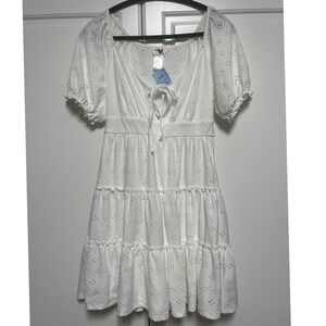 Heart & Heels Eyelet Puff‎ Sleeve Tiered Mini Dress White M